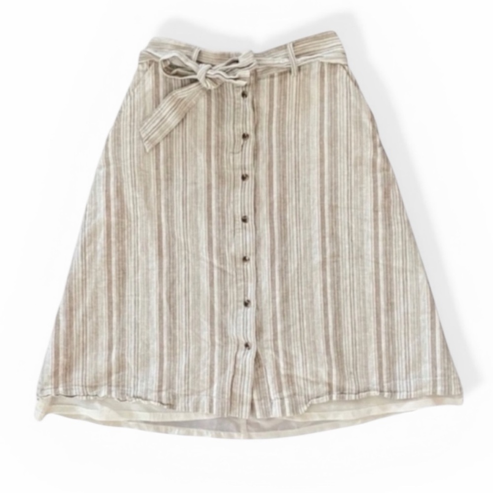 Bar III Linen Tan Striped Button Down Midi Skirt